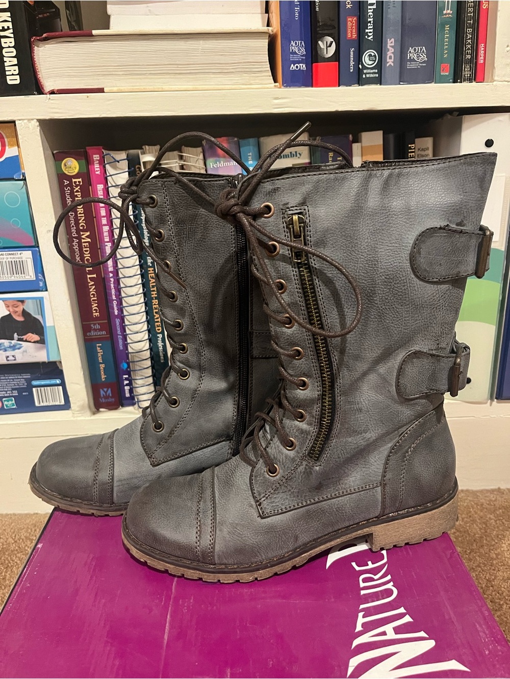 Nature Breeze Women's Dark Gray Lace-Up Combat Boots - Picture 2 of 5